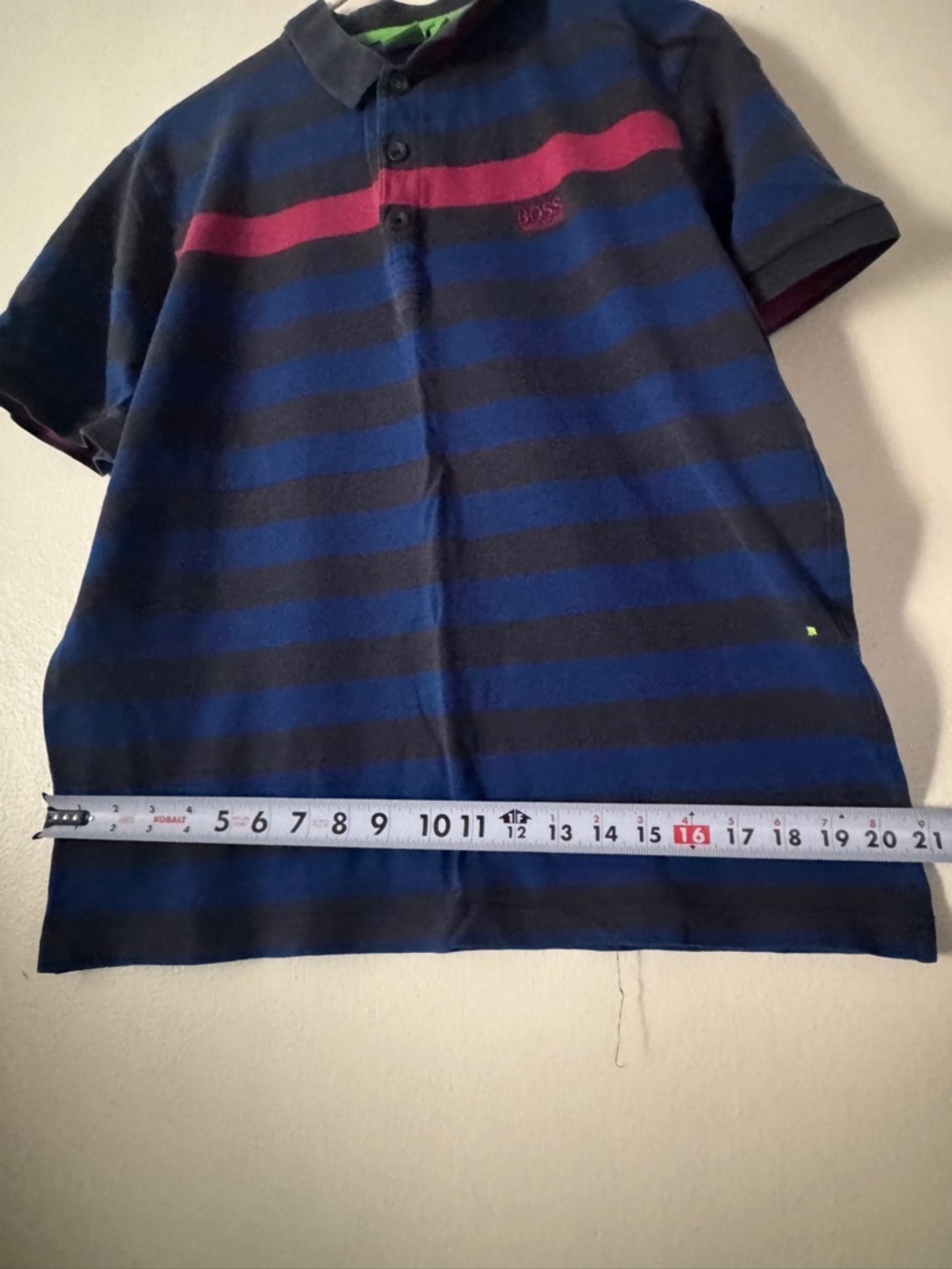 BOSS Polo Shirt in Pink, Blue and Navy with Green Trim - Picture 3 of 6